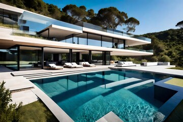 Fototapeta premium swimming pool in the resort, A luxurious house with a modern design sits amidst a lush green landscape, boasting a unique feature - a stunning swimming pool on top