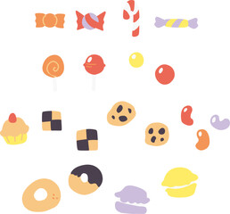 シンプルでかわいい色々なお菓子のカラーイラストセット