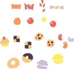 Abwaschbare Fototapete Macarons シンプルでかわいい色々なお菓子のカラーイラストセット