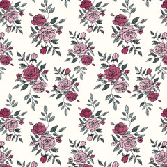 Hand Drawn Pink Rose and Green Leaf Floral Garden Seamless Allover Pattern Design Artwork	
