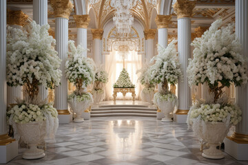 A grand hallway with white marble floors and gold columns. The hallway is decorated with large white flower arrangements in white vases. The flower arrangements are made up of white roses, hydrangeas