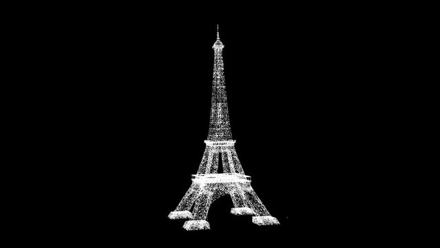 3D Eiffel Tower rotates on black bg. Business advertising backdrop. For title, text, presentation. 3d animation 60 FPS