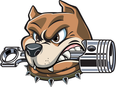 Cartoon style pitbull dog with engine piston between the tenths