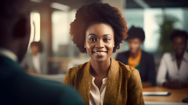 young woman with captivating, radiant features, representing African heritage, aged 32, confidently leading a team meeting in a modern office space