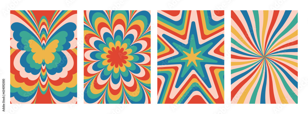 Aufkleber groovy hippie 70s backgrounds. waves, swirl, twirl pattern with stars, daisy flower, butterfly, sunb