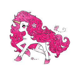 Cute Little Pink Magical Unicorn Vector Design White Background