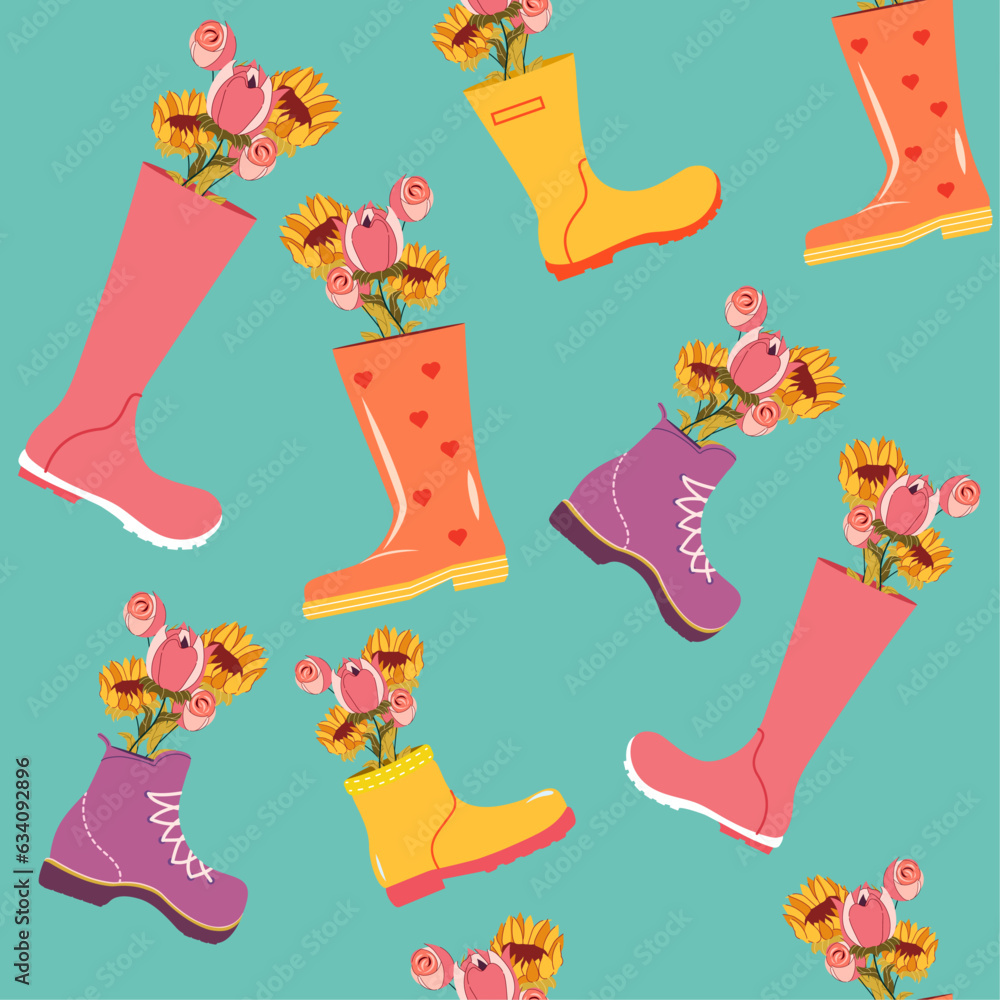 Poster seamless pattern with flowers in boots. vector stock illustration. isolated. spring bouquet. flat st