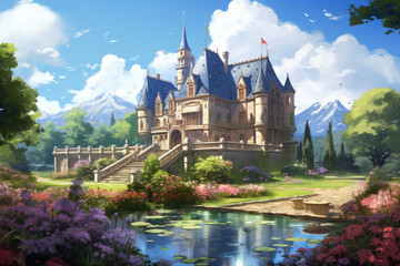Obraz premium Fairytale castle on the background of mountains and flowers. Digital painting