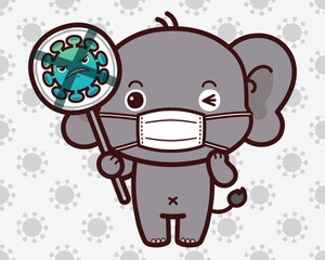 Cute little elephant wearing mask and holding stop coronavirus sign