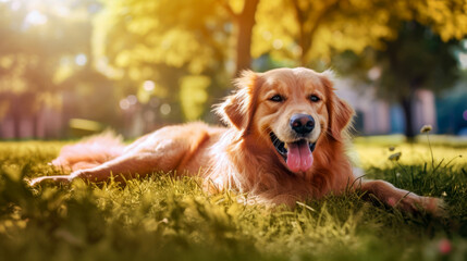 Golden Retriever lying in grass. Dog in park. Happy pet