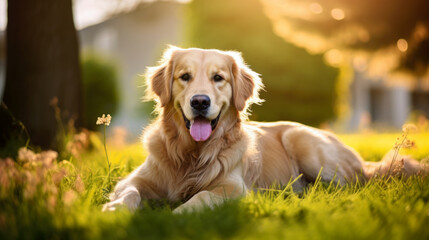 Golden Retriever lying in grass. Dog in park. Happy pet