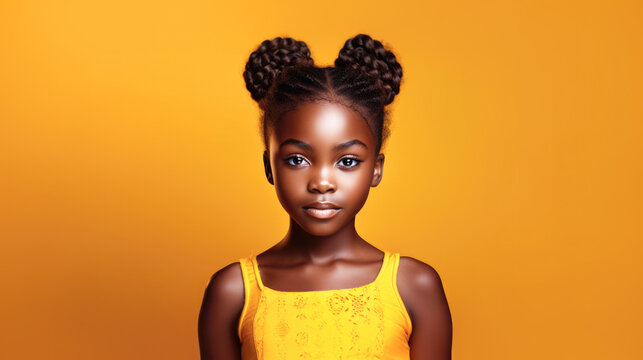 African child girl in traditional clothes. Woman in studio on the yellow background. Female model face