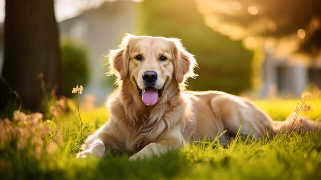 Golden Retriever lying in grass. Dog in park. Happy pet