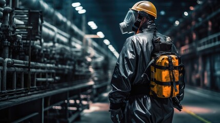 Fototapeta na wymiar Chemical specialist wear safety uniform and gas mask inspecting chemical leak in industry factory