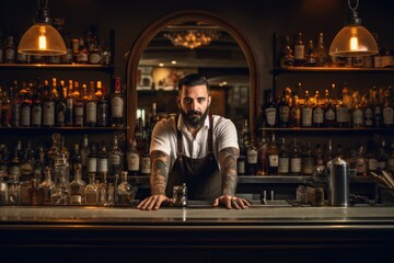 Bartender working at counter on bar space. - obrazy, fototapety, plakaty