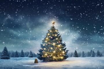 Christmas tree in snow covered woods at night