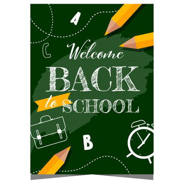 Back to school design template with chalk writing on blackboard and school supplies. Welcome back to school poster or banner for pupils and teachers to celebrate the start of the new school year.