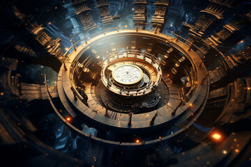 Time swirl, clock surrounded by stairs, time travel concept. High quality photo