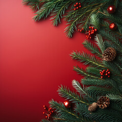 Christmas composition. Christmas red decorations, fir tree branches on red background. Flat lay, top view, copy space, made by ai