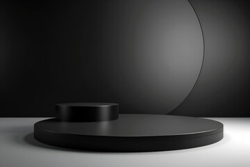 A double circular podium with a black color, placed on a black background with a gray base, showcases a presentation with artistic and abstract touches. High quality photo.