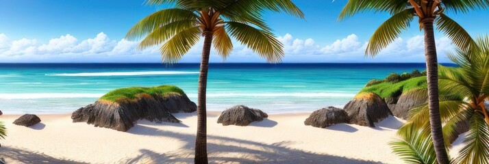 Beautiful beach. Tropical beach background as summer landscape, white sand and calm sea for beach banner. Perfect beach scene vacation and summer holiday concept. Boost up color process