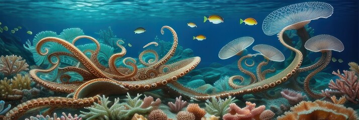 Fairy tale Magnificent octopus among the underwater picturesque landscape with marine life. Fictional sea creature . Generative AI