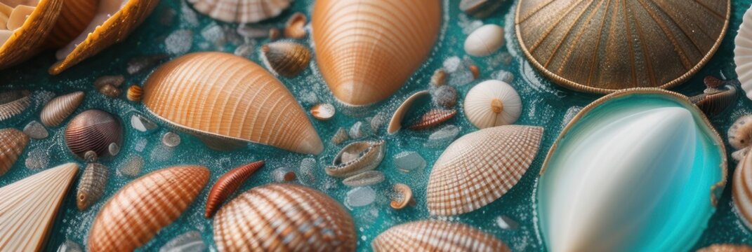 Ocean water and mollusk shells close up. Intricate seashells on seashore. Colorful summer vacation design elements. Various cockleshell for tropical cruise banner