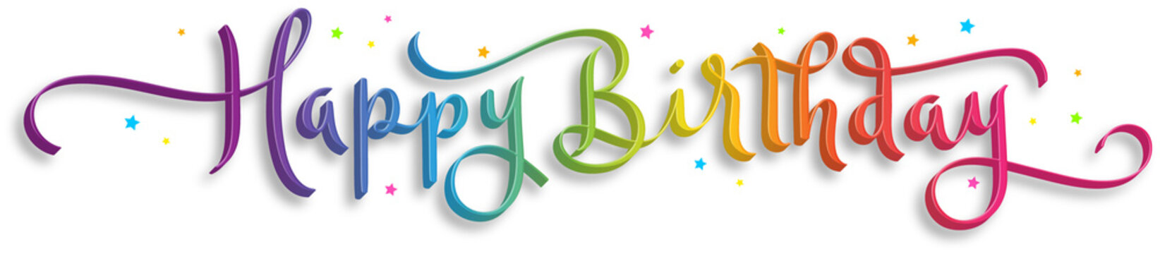HAPPY BIRTHDAY rainbow-colored 3D brush calligraphy banner with stars on transparent background