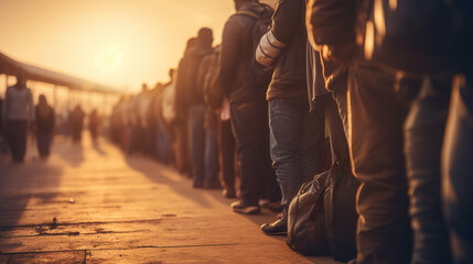 A queue of refugees at the border. - obrazy, fototapety, plakaty
