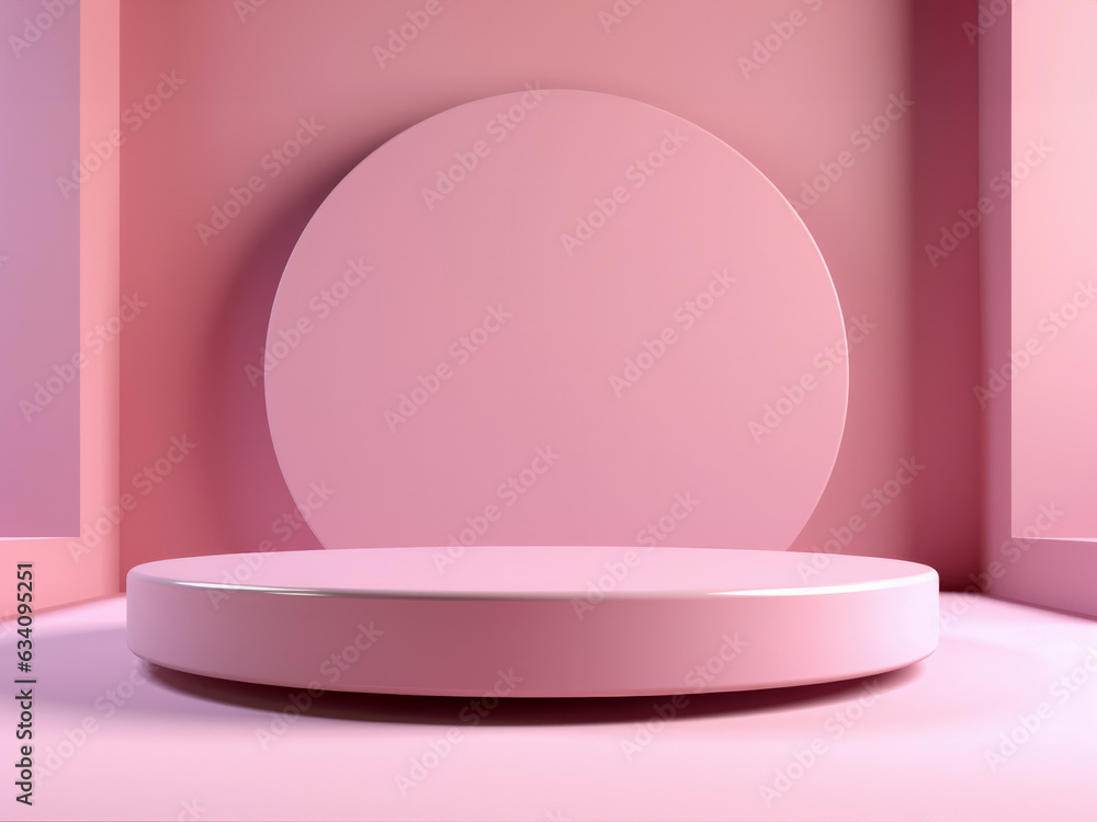 Poster Minimalist exhibition with a pink podium and a harmonious background. The simple and modern design of the round podium highlights several products in a minimalist style.