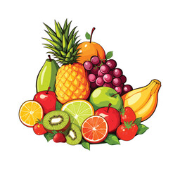 An appetizing illustration of fresh fruits, skillfully arranged on a white background, showcasing a vibrant display of colorful and nutritious delights