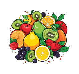 An appetizing illustration of fresh fruits, skillfully arranged on a white background, showcasing a vibrant display of colorful and nutritious delights