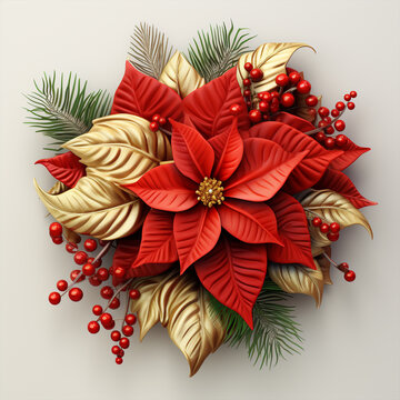 Christmas festive poinsettia and christmas tree decor. Holiday image for design banner, ticket, invitation or card, leaflet and so on, made by ai