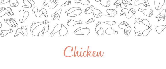 Chicken meats shop banner. Fresh chicken parts horizontal background. Whole chicken, brisket wing, carcass, fillet, ham, leg, breast, shank, drumstick