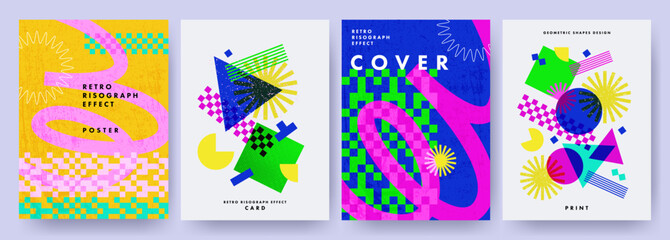 Fototapeta na wymiar Creative covers, layouts or posters concept in modern minimal style for corporate identity, branding, social media advertising, promo. Trendy geometric design templates with retro risograph effect