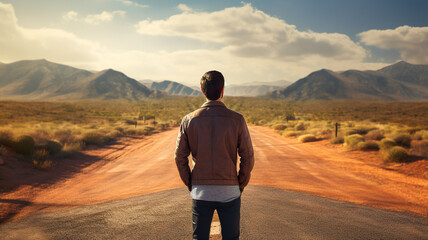 Rear view of a man standing on the road in the desert looking at a mountain range . The concept of starting a journey and making decisions