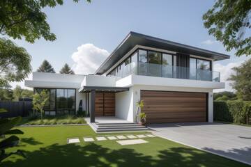  A view from the outside of a stylish building with modern architecture. With a luxury view