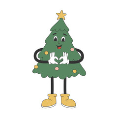 Groovy hippie Christmas tree. Cartoon character in trendy retro style. Isolated vector illustration
