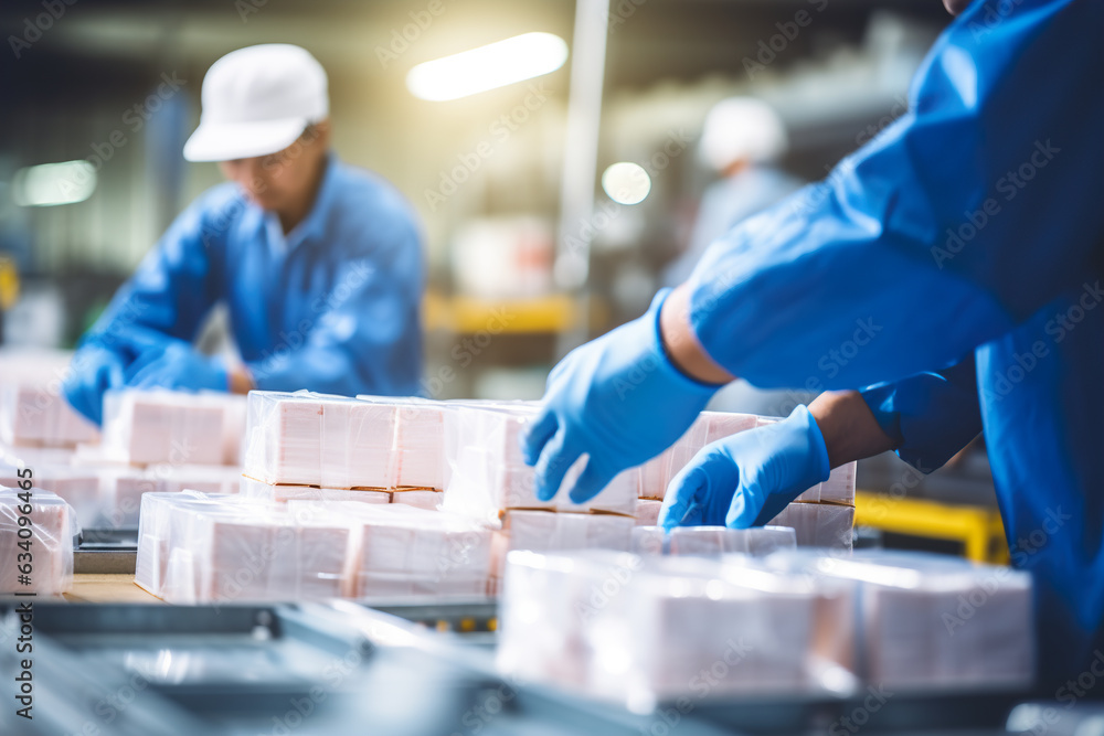 Poster a group of workers packaging products into boxes on a productio in a factory.