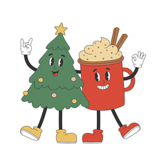 Cute hot chocolate cup and Christmas treein y2k groovy style. Cartoon characters in trendy retro style for Christmas design.