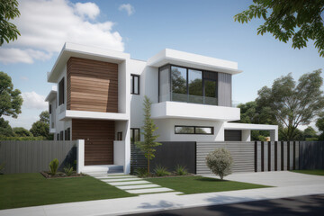 : A view of the entrance of a stylish building with modern architecture. With a luxury view .modern house in the park