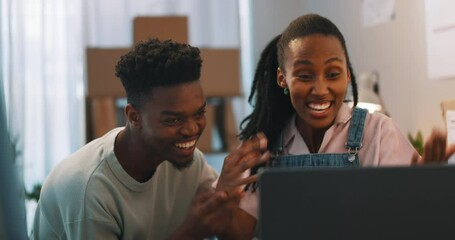 High five, success and business people with delivery box and small business growth. Support, teamwork and remote work for ecommerce and online purchase with a entrepreneur working on store shipment