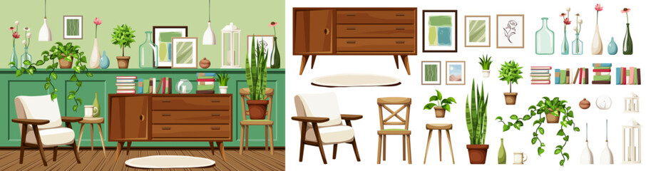 Room interior with green wall panels, an armchair, a dresser, and plenty of houseplants, vases, and pictures. Vintage interior design. Furniture set. Interior constructor. Cartoon vector illustration