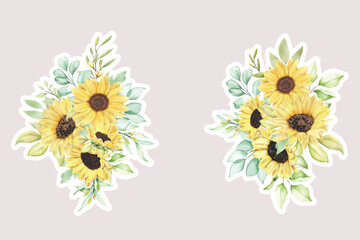 watercolor sunflower branches and bouquet illustration