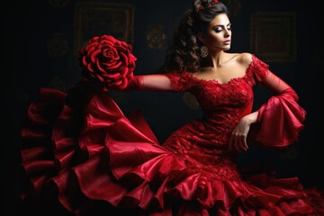 An attractive flamenco dancer in an elaborate dress.