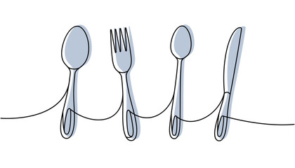 Kitchen utensils one line colored continuous drawing. Kitchen spoon, knife, fork continuous one line illustration.