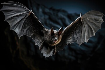 Flying bat with long ear and open wings in natural night background