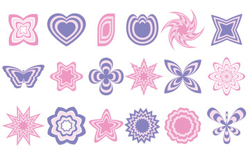 Groovy icons in y2k retro style. 2000s design objects in pastel colors repeating flower, butterfly, star and heart.Cute girly vintage stickers isolated on whiyte background. Vector illustration