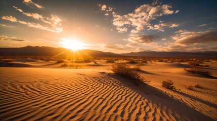 landscape of desert dunes at sunset with blue sky. 