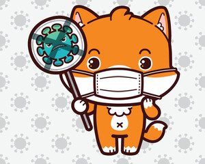 Cute little fox wearing mask and holding stop coronavirus sign